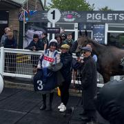 Jockey Gavin Sheehan celebrates winning at Hereford Racecourse on Face d’Music