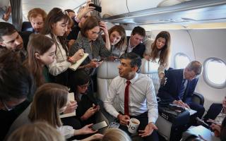 Prime Minister Rishi Sunak speaks to journalists on board a plane on his way to Warsaw during his visit to Poland and Germany in April. Picture: Henry Nicholls/PA Wire