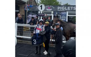 Jockey Gavin Sheehan celebrates winning at Hereford Racecourse on Face d’Music