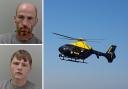 Justin Leach, top, and Christopher Brown, bottom, were tracked down by the police helicopter after carrying out burglaries in Herefordshire. Picture: West Mercia Police/stock