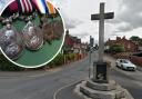 The medals (inset) are going up for auction, while Symonds is named on the Tupsley war memorial