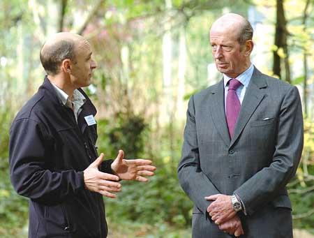 Queenswood Countryside Ranger Paul Ratcliffe with the Duke of Kent talking about the trees.
104206-7