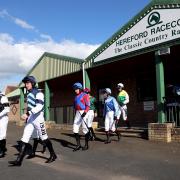 Jockeys leave the weighing room for the bet365/British Stallion Studs EBF "National Hunt" Novices' Hurdle during the Bet365 Opening Raceday at Hereford Racecourse.