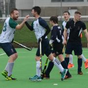 Hereford Hockey Club Men's seconds v Newent - Danny Makaruk is congratulated after putting Hereford 3-0 up.