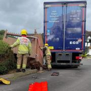 Fire crews from Tenbury Wells have been called to make the scene safe after a lorry crashed into a wall. Picture: Tenbury fire station