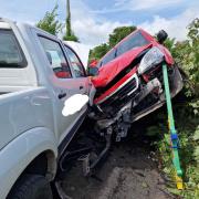 A postwoman has been cut free from a Royal Mail van after a crash in Lyonshall, near Kington, in Herefordshire. Picture: Kington fire station