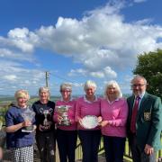 Winners of the Hereforshire women's county championships (l-r) were: Wendy Priday, Karen Darby, Kay Taylor, Toinette Davies, Wendy Douglas pictured with Phil Jones (Kington Chairman)