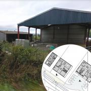 A recent view of the barns at Newton Farm (Google Street View), and the layout of the proposed homes.