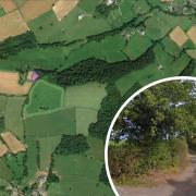 An aerial view of the site, marked, of the proposed holiday lodges between Ewyas Harold and Rowlestone, and inset, the start of the road used to access them (both images: Google)