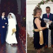 Brian and Gwyneth Jones on their wedding day in 1973 and renewing their vows in 2023