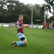 Daniel Stoneman celebrating scoring a second goal for Westfields in their 3-2 victory