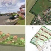 The entrance to the site from Tump Lane and aerial view of it, a 3D view and the intended layout of the development