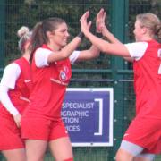 Emily Lewis celebrates scoring Hereford Pegasus’ Ladies second goal