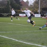 Justin Hall scoring for Westfields in their 3-2 victory against Roman Glass St George