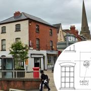 street view of the premises, now to be come a tattoo studio and inset, sketch of the sign to go on the end wall