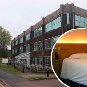 Herefordshire Council's Plough Lane headquarters and inset, a hotel bed