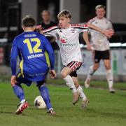 Arwyn Walby playing for Hereford FC in an FA Trophy match earlier this month