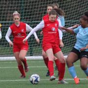 Sarah Bishop battling for the ball during Hereford Pegasus Ladies’ 3-2 win over Rugby Town Girls & Women
