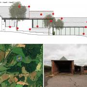 Design of part of the proposed conversion, aerial view of the farm, and one of the existing barns