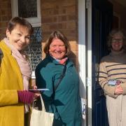Caroline Lucas MP with Green candidate Dr Ellie Chowns on a Hereford doorstep
