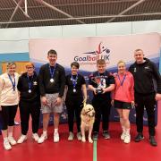 The winning Royal National College for the Blind team (l-r): Becky Ashworth, Meme Robertson, Conall Moore, Freya Gavin with guide dog Lennon, Oliver Frost, Megan Smithson-Booth and head coach Aaron Ford
