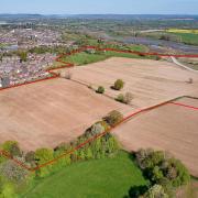 Proposed site (outline in red) of 350 new homes on land south of Ledbury Road, Hereford.