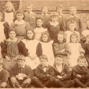 Leintwardine schoolchildren in the 1890s. Percy Malpas (born 1890) second right, and behind him are his sisters, Florence (born 1888) and Gertrude (born 1886)