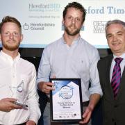 Putting Hereford on ther map award winners: Hereford Indie Food. From left: Dorian Kirk and Edwin Kirk with Alan Anderson from the Old Market Shopping Centre presenting .Picture by David Griffiths 05102017