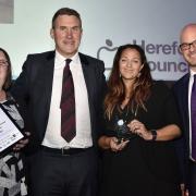 Independent Business of the Year winner The Kup-Cake Kitchen Cafe. From left: Sarah Haines, David Harlow and Valencia Simpson with presenter Andrew Easton.Picture by David Griffiths 05102017