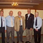 From left: Wye Valley’s retiring president Dick Makin, secretary Paul Olver, president Brian Hardy-Bishop, Rotary district governor Stewart Gilbert, and Bob Izon, retiring secretary.