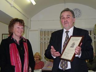 Pauline Wilkes handed her award by Leominster Mayor Eddie Clark