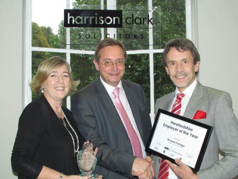Herefordshire employer of the year winner Richard Claridge (right) with Hereford Times editor Fiona Phillips and Richard Morgan of Harrison Clark. 