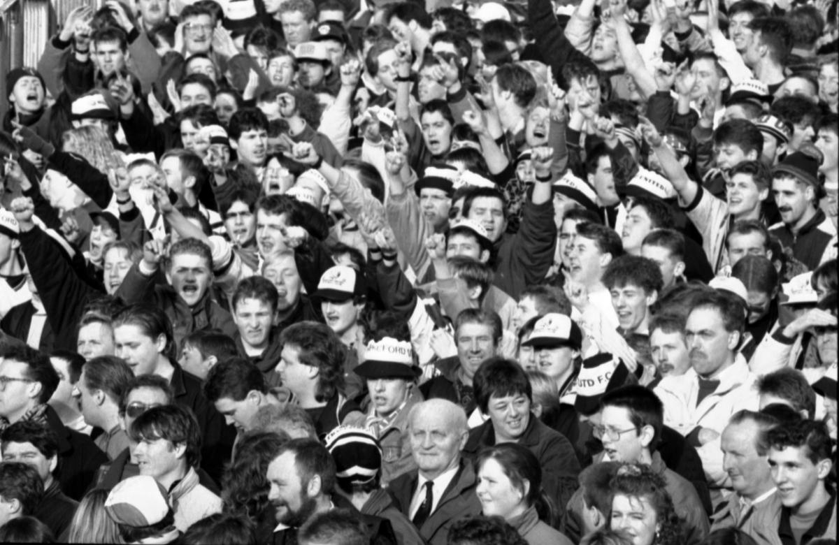 Hereford United fans watching Nottingham Forest FC v Hereford United FC. F.A. Cup Fourth Round. 26/1/1992.