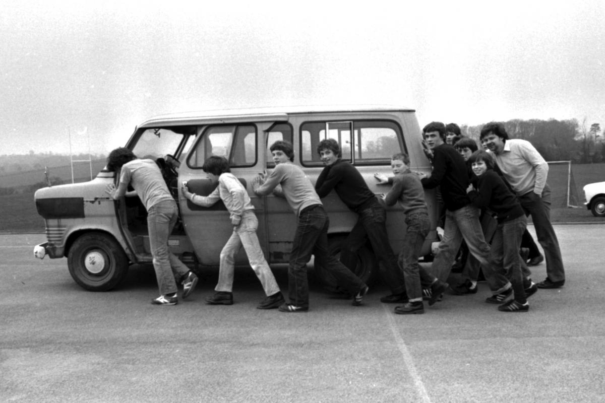 Sponsored mini-bus push. Queen Elizabeth High School, Bromyard. 03-04-1982