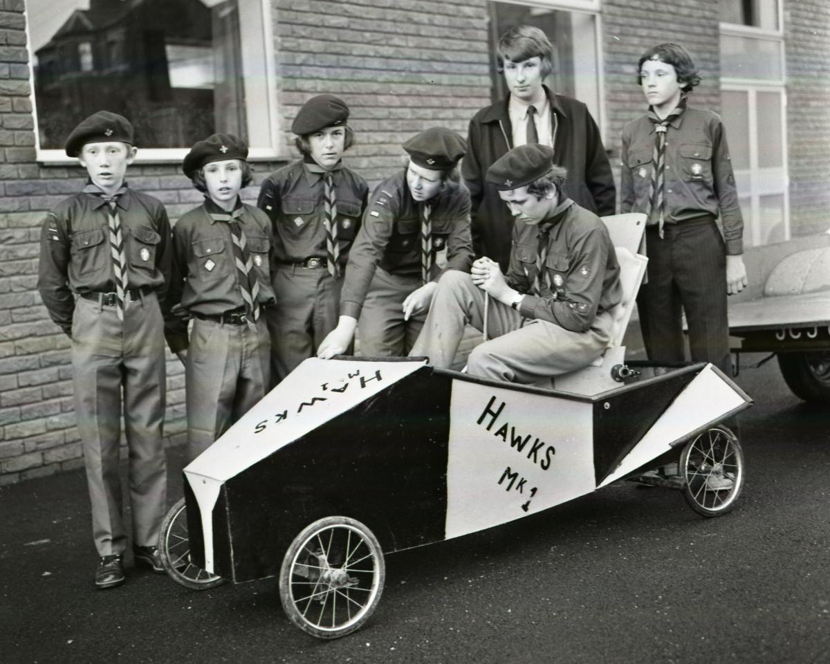6th Hereford Scouts with their soap box car. 10-07-1974.