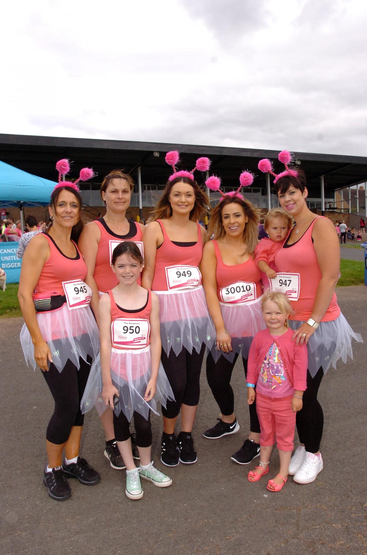 Cancer Reasearch UK's Race for Life 2014 at Hereford Racecourse.
Back from left, Sarah Morgan, Charlotte Morris, Molly Perks, Laura Chapman, Annie McGowan, Ebonnie McGowan, front, Thalia Morgan, Lily McGowan. 1428_19004