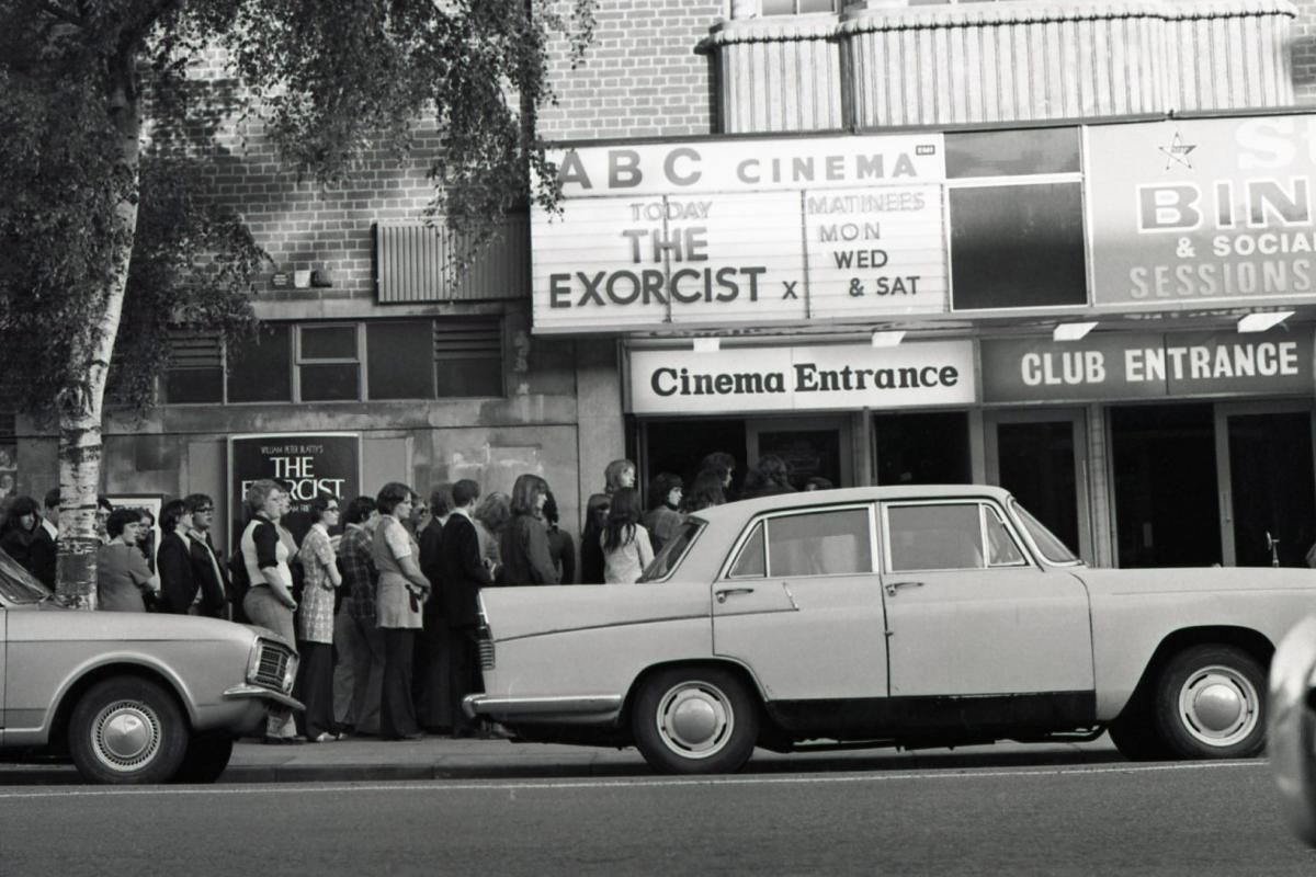 Cinemagoers queue to watch The Exorcist at the ABC cinema on Commercial Road. 20th August, 1974.