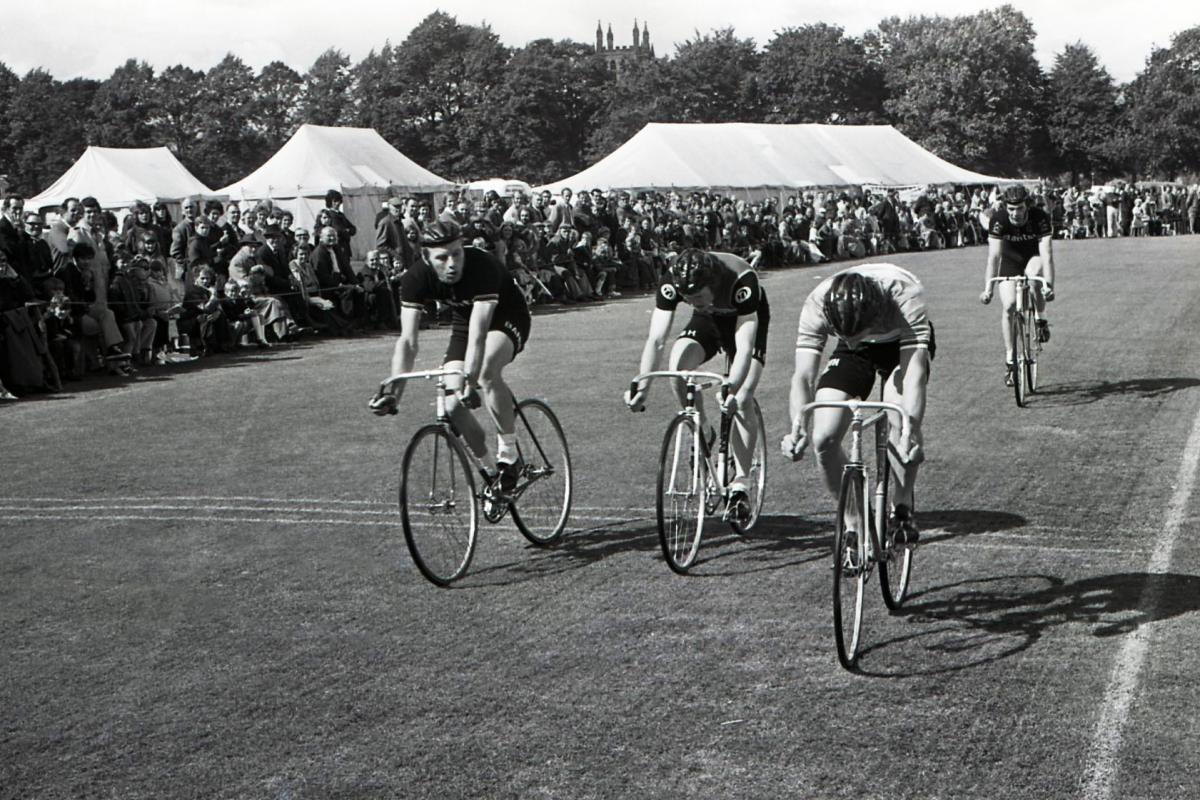 Cyclists racing at the Hereford August Show. August, 1974.