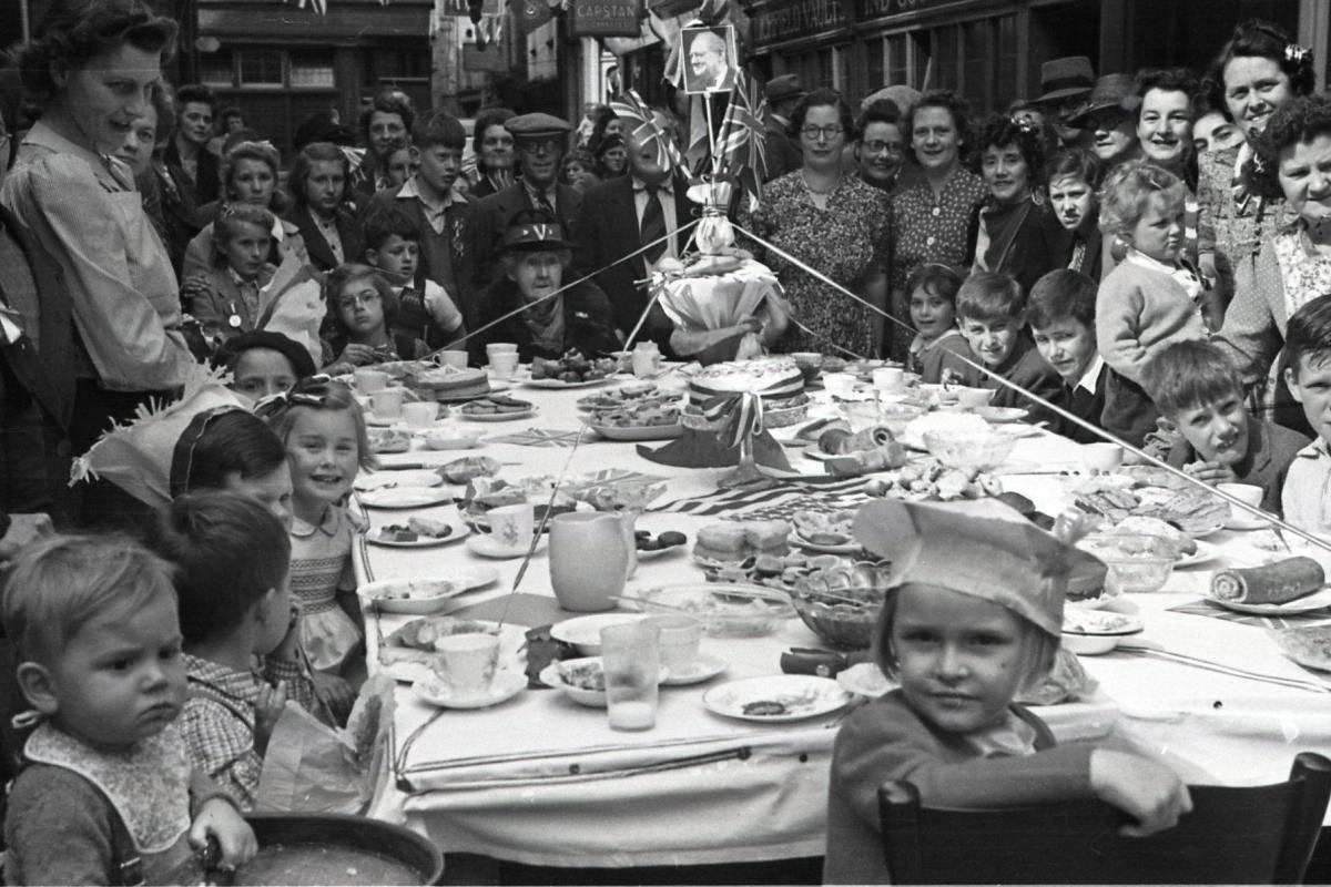 V.E. Holiday in Hereford, 8th-9th May 1945. Tea party on Church Street, Hereford.