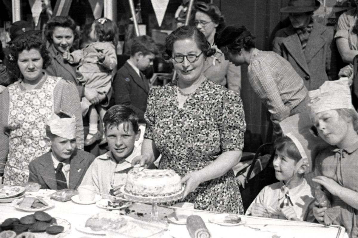 V.E. Holiday in Hereford, 8th-9th May 1945. Tea party on Church Street, Hereford.