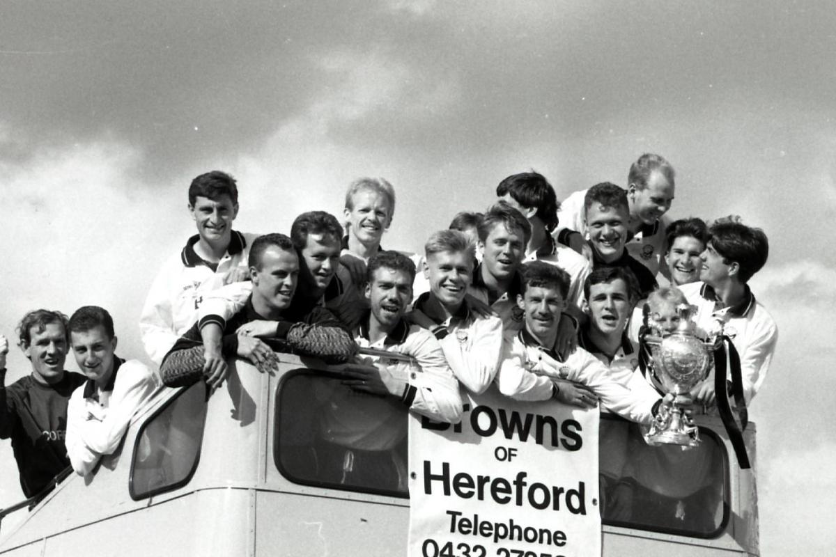 Hereford United players celebrate their Welsh Cup final win in 1990 with an open top bus parade.