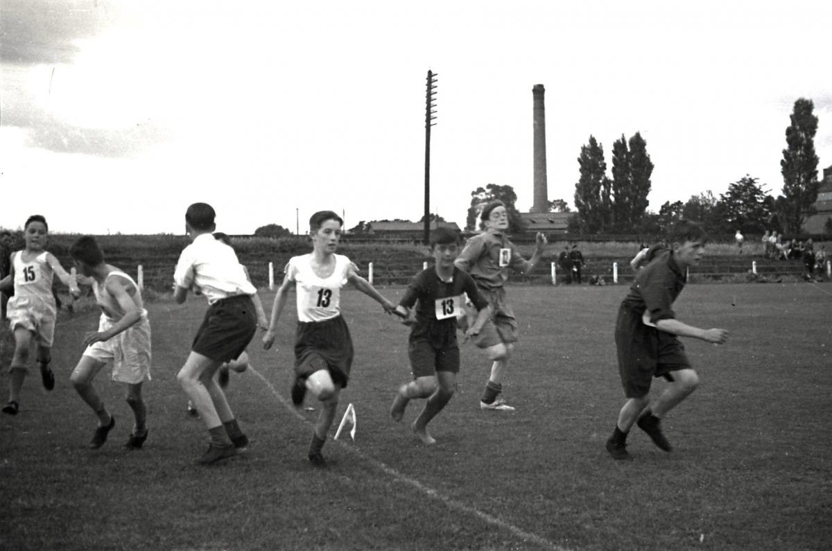 Junior Boys 1/4 mile relay during the County Youth Championship Sports at Edgar Street, Hereford.  July 28th 1945.