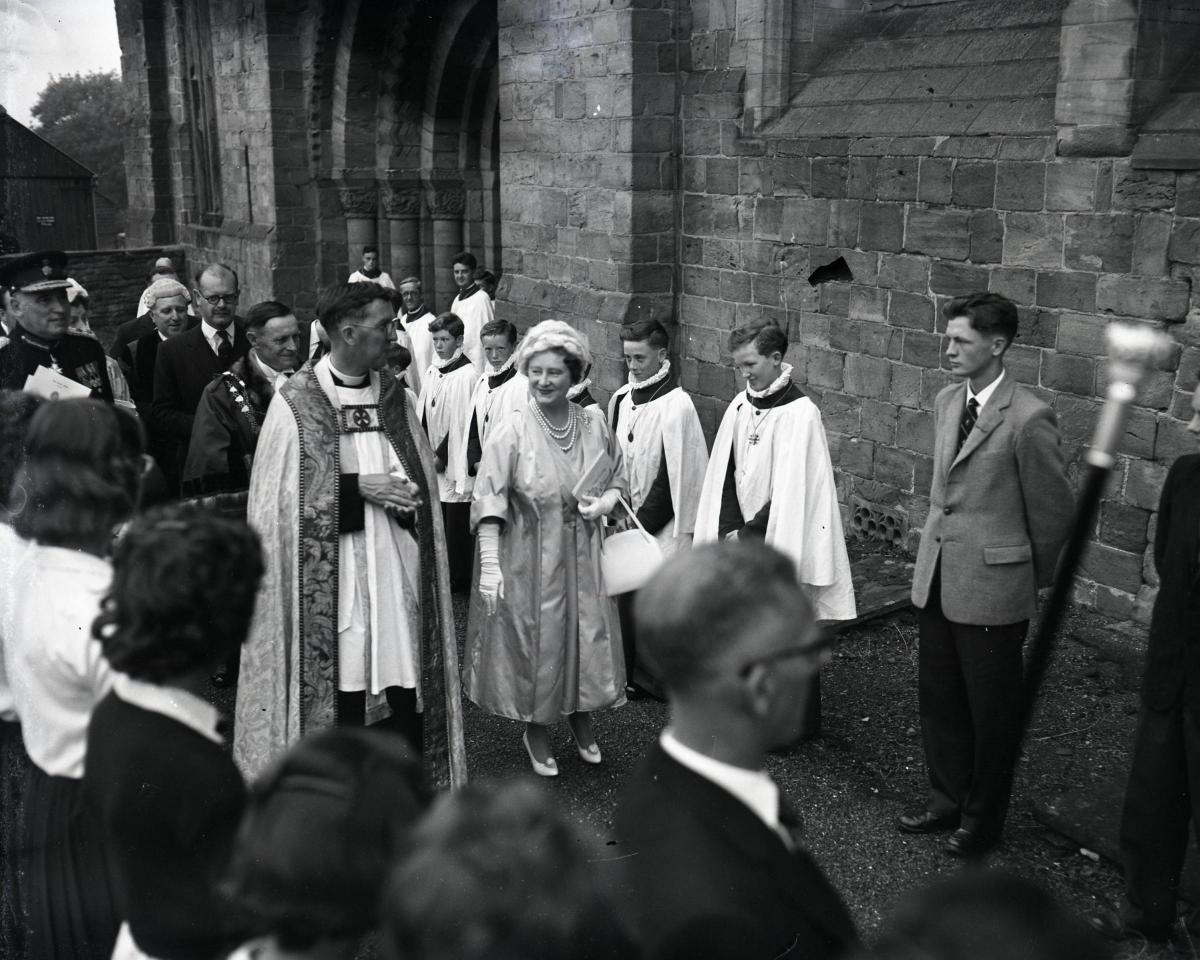 The Queen Mother on a visit to Leominster's Priory Church. (date unknown)