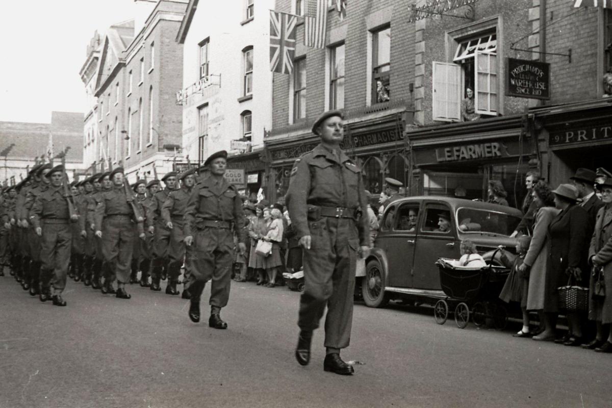 Freedom of Hereford City Parade, September 29th 1945 - Section of Herefordshire Regiment on Broad Street marching past the Chave & Jackson store which is still there 70 years later.