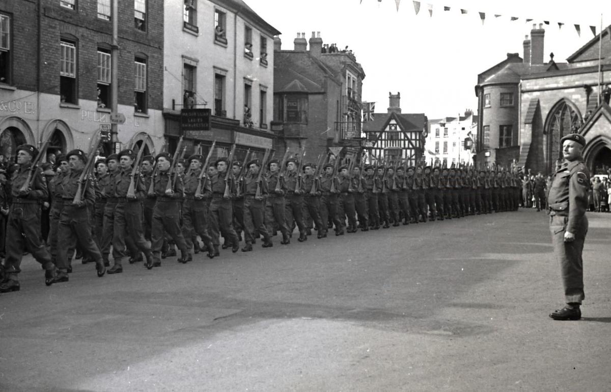 Freedom of Hereford City Parade, September 29th 1945 - Herefordshire Regiment on parade in St. Peter's Square.