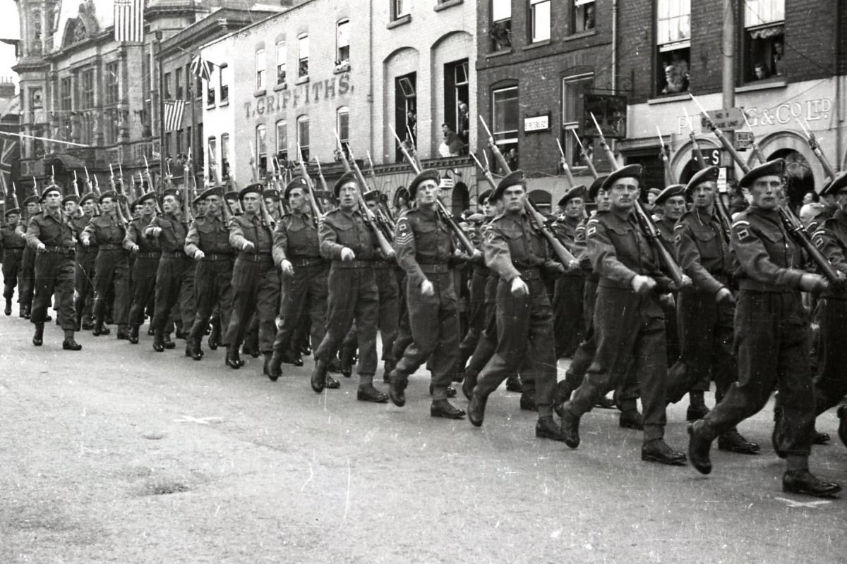 Freedom of Hereford City Parade, September 29th 1945 - Herefordshire Regiment marching into St. Peter's Square.