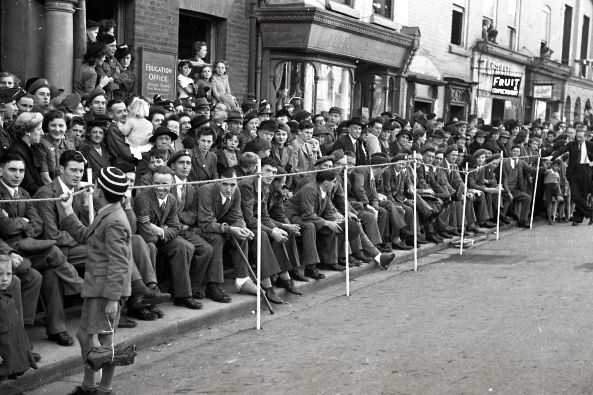 Freedom of Hereford City Parade, September 29th 1945 - Wounded soldiers & spectators seated along St. Owen Street / St. Peter's Square.