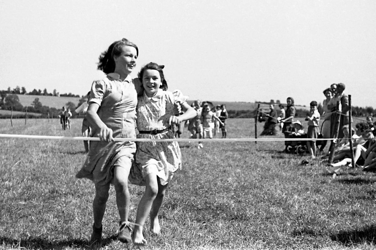 Little Dewchurch Gymkhana & Fete.  August 11th 1945. The girls three-legged race.