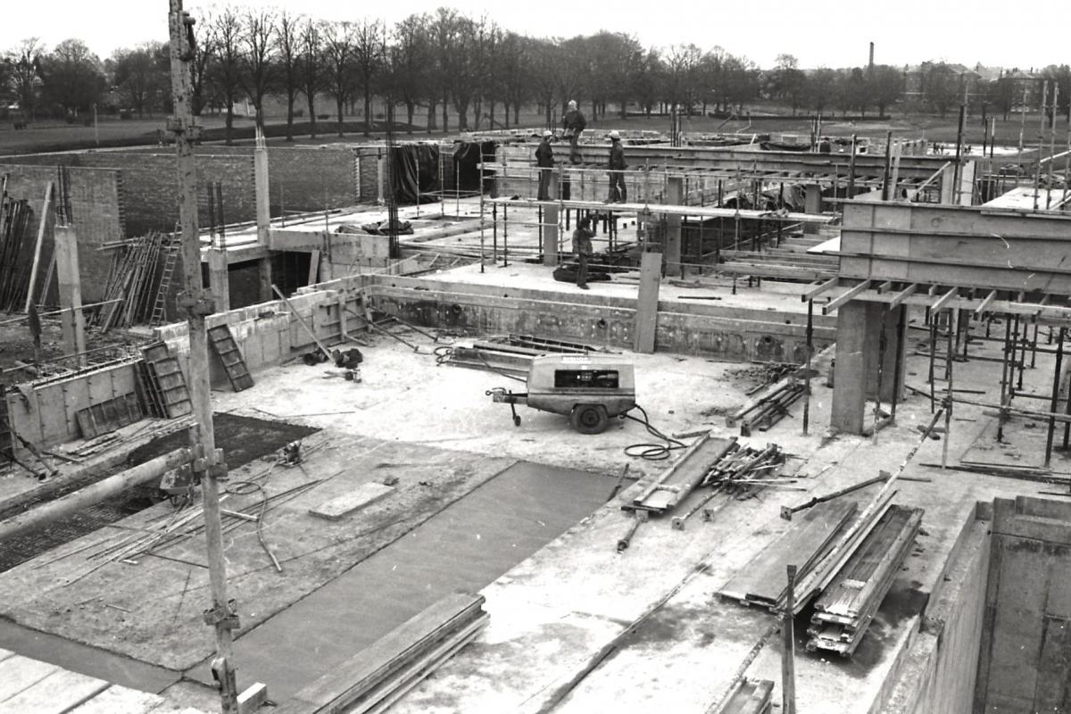Construction of Hereford Swimming Pool. April 1st 1975. The main pool on the left & the diving pool in the bottom right-hand corner.