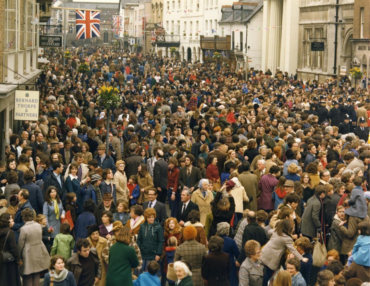 Broad Street - 1976 - packed with people hoping for a glimpse of the royal visitor.
Photos: Derek Foxton Collection; and Peter Norman